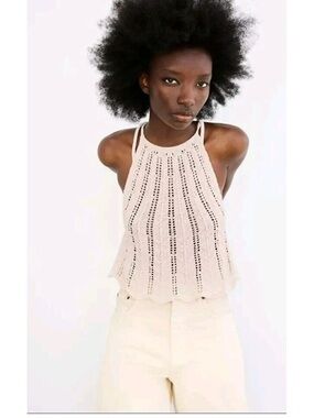 Zara Pointelle Knit Tie-Strap Cotton Halter Top